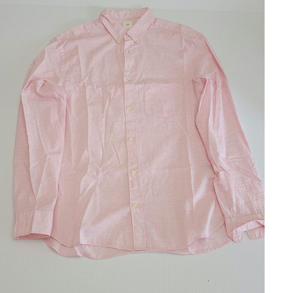 H&M Pink Cotton Button Up Short Mens Medium Long Sleeve Casual Collared Pocket